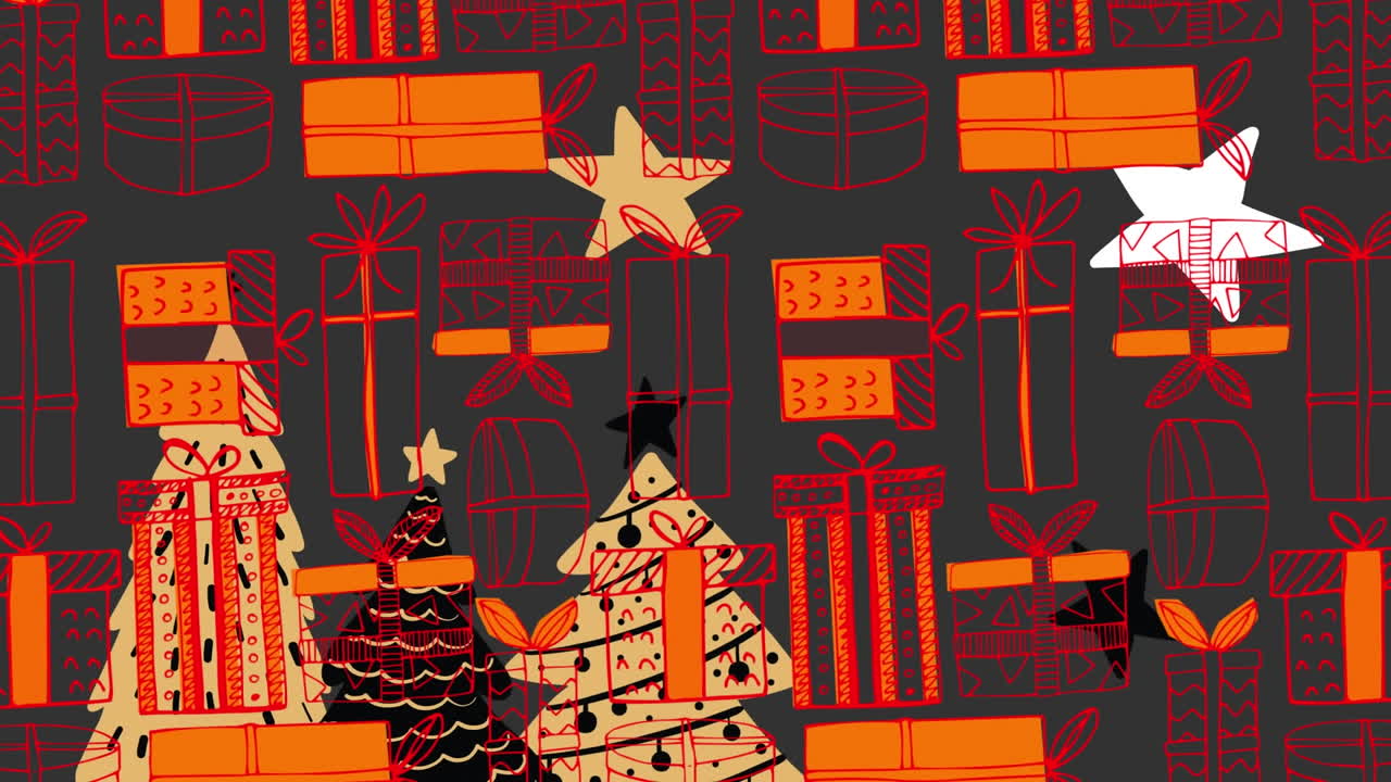 Multiple christmas tree and stars over christmas gift icons in seamless pattern on grey background