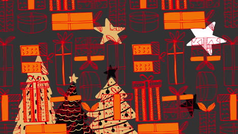 árbol de navidad múltiple y estrellas sobre iconos de regalos de navidad en un patrón sin costuras sobre fondo gris