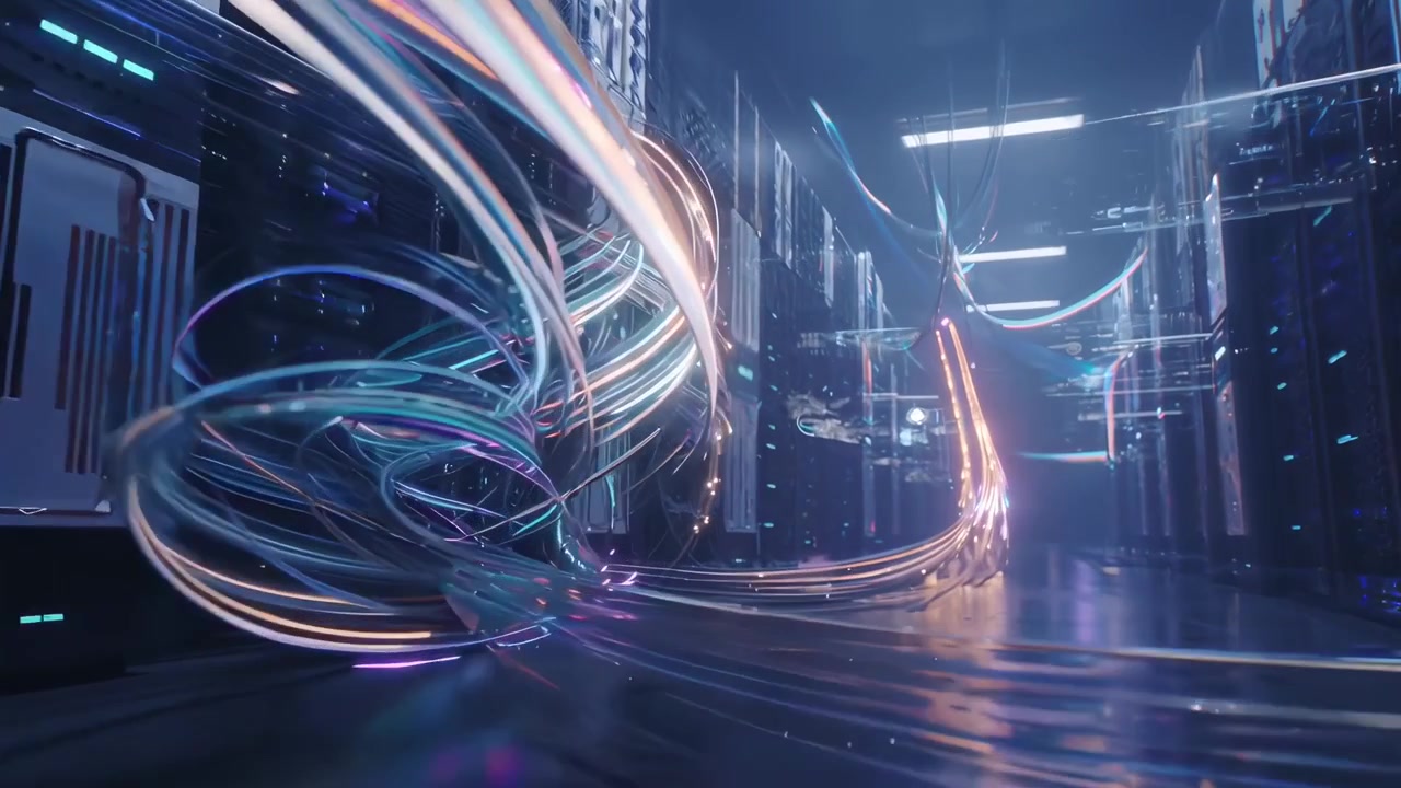 Flusso di dati ad alta velocità e scie luminose in una sala server futuristica