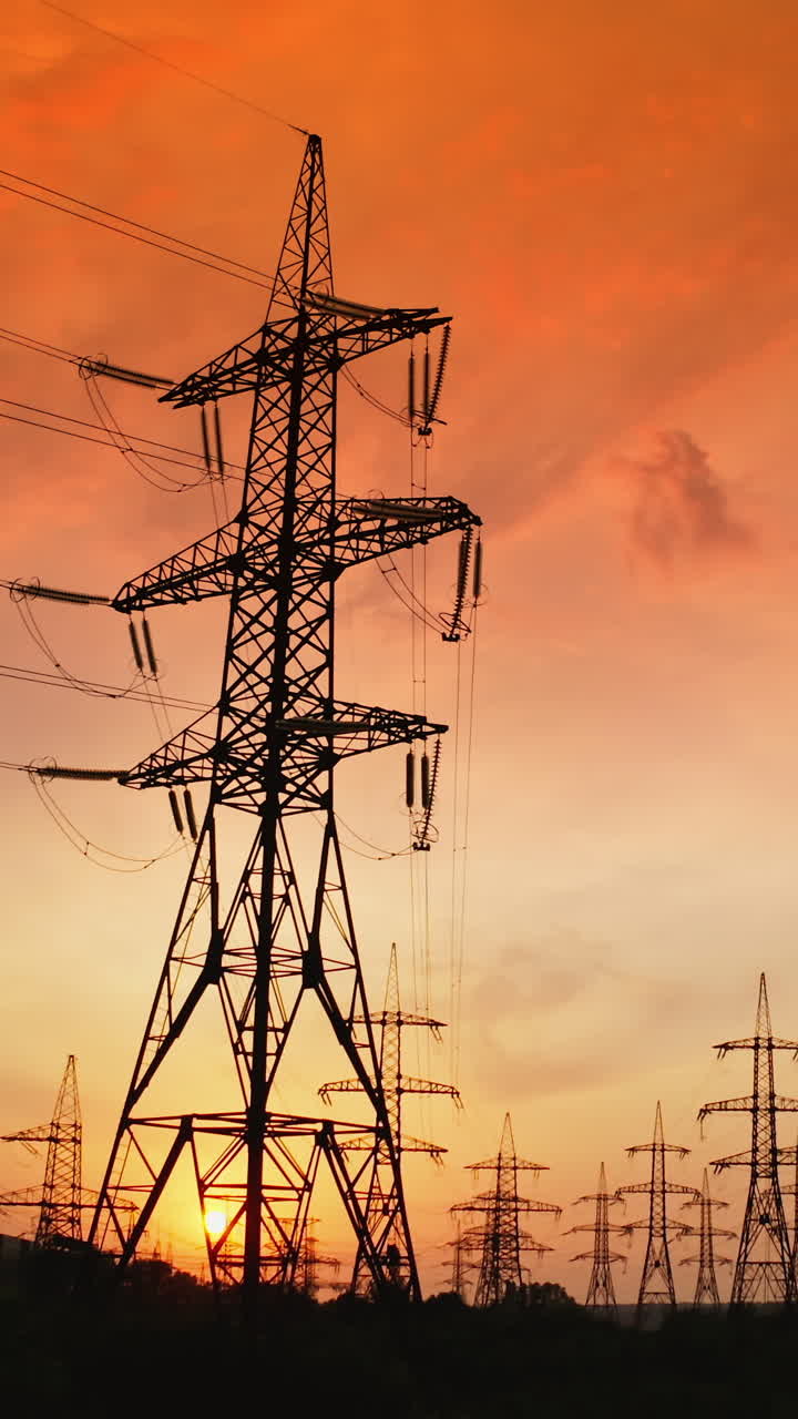 Transmission electricity steel pylon tower. View of high voltage power pylons