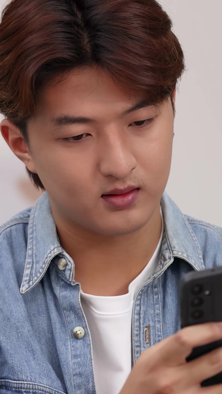 Un giovane uomo asiatico con una camicia di jeans scorre e scrive messaggi sul suo smartphone al chiuso