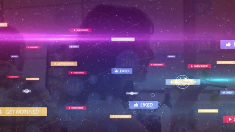 animación de una red de conexiones con iconos sobre una mujer biracial usando un teléfono inteligente