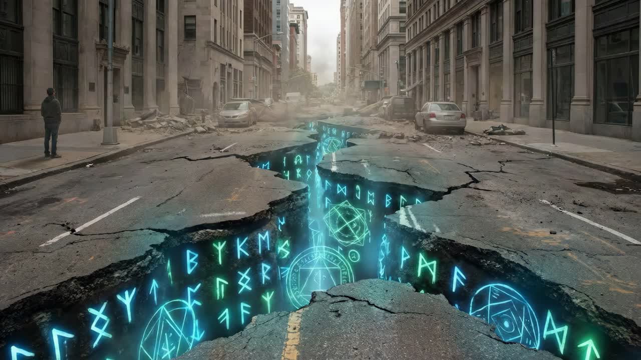 Uomo che sprigiona energia magica in una strada cittadina