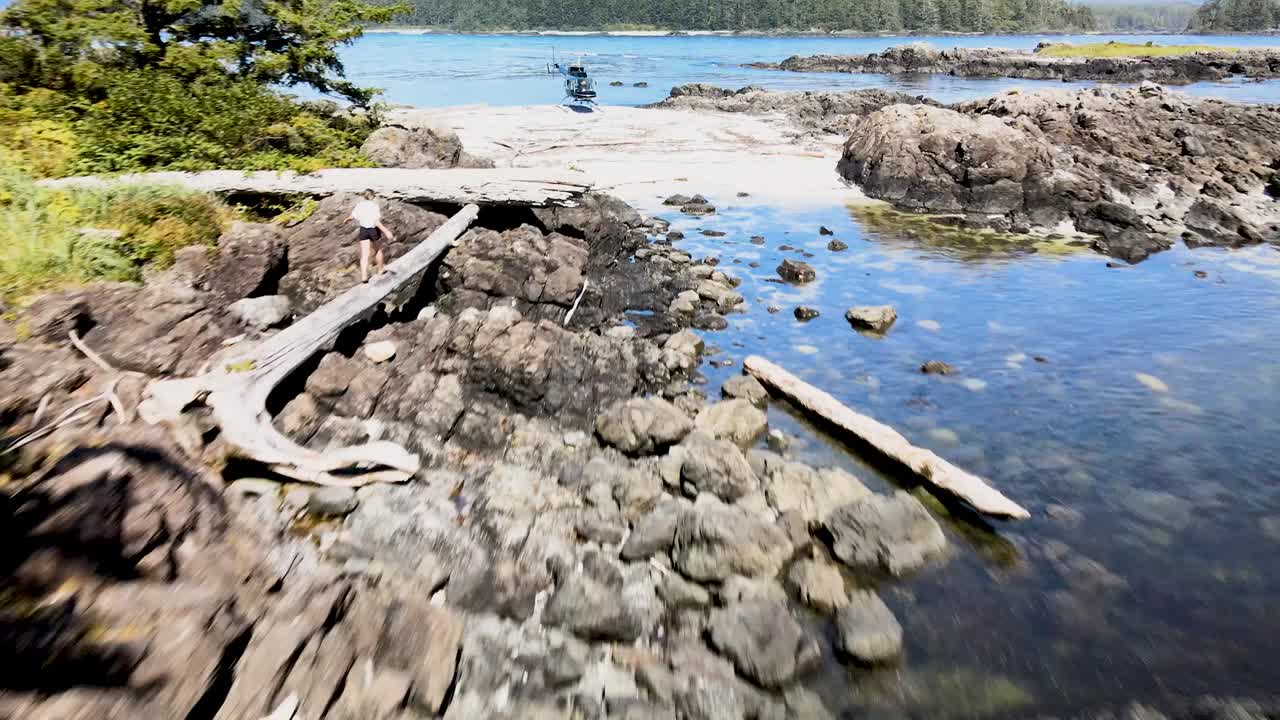 Helicopter on offshore island in ocean