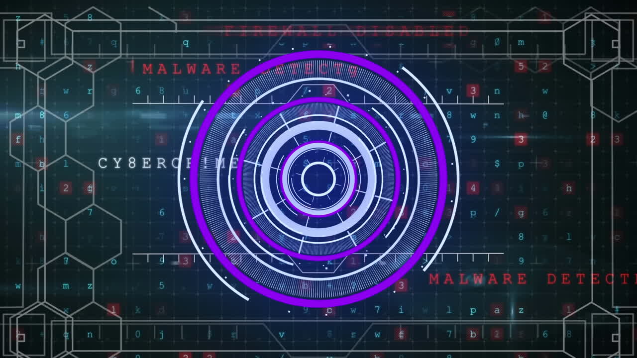 animación de líneas en círculos iluminados, patrón hexagonal con texto, números, símbolos y letras