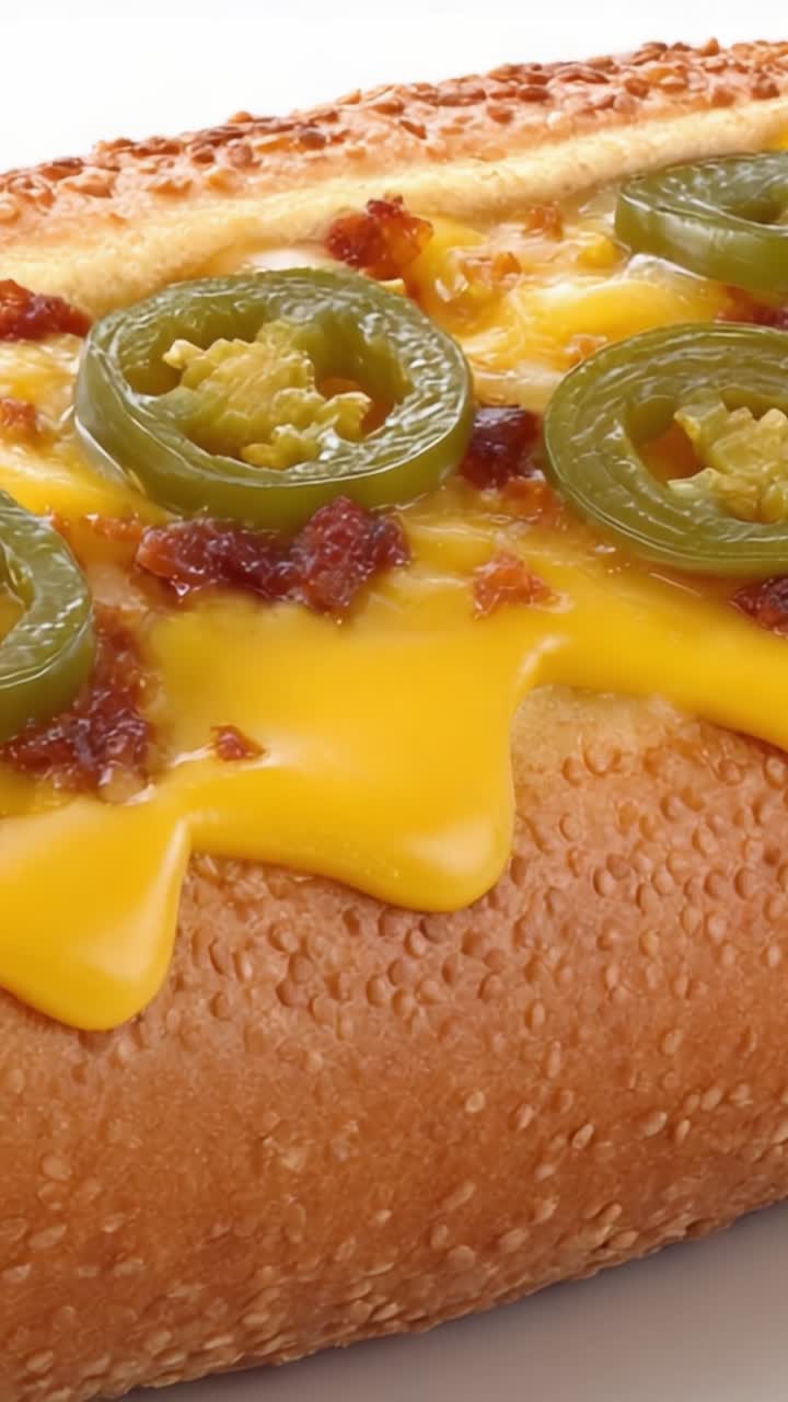 Hot dog deliziosamente formaggioso, carico di pancetta croccante e jalapeños piccanti, perfettamente fuso e pronto a soddisfare ogni desiderio di sapore deciso.