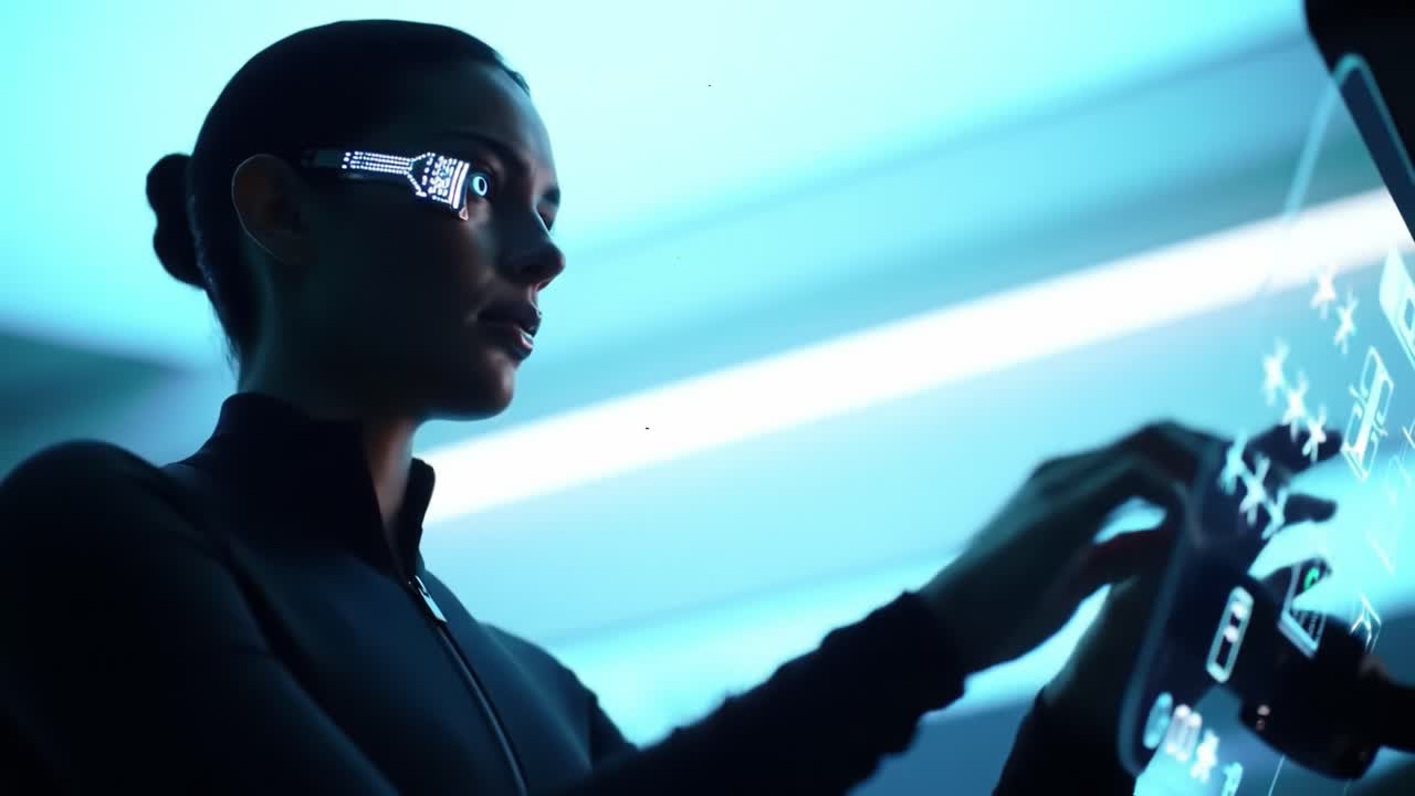 Woman interacting with a futuristic interface