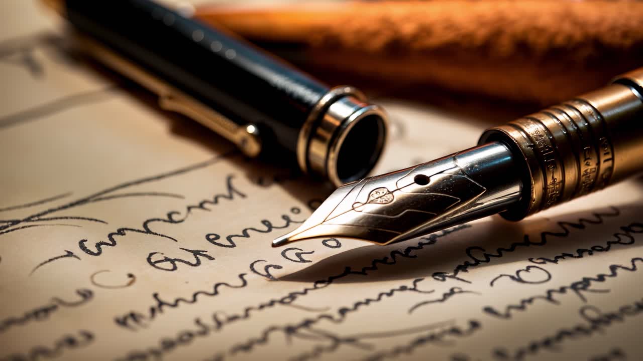 An elegant closeup photograph of a beautiful fountain pen on vintage manuscript paper