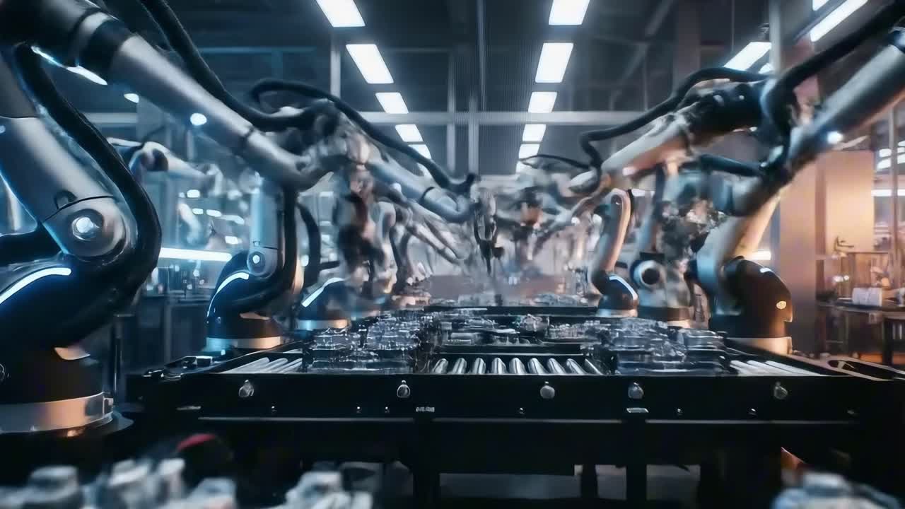 Futuristic factory with robotic arms, low-angle shot