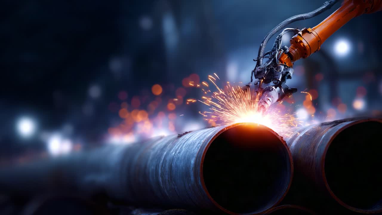 Innovative Robotic Technology Welding Metal Pipes with Sparks Illuminating a Dark Industrial Environment, Showcasing Modern Automation and Precision Engineering