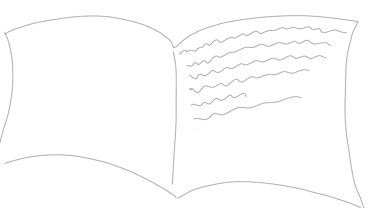 색 배경 애니메이션에서 검은색 펜으로 그림을 그리는 책