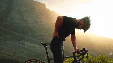 back pain, muscle and injury of cycling man