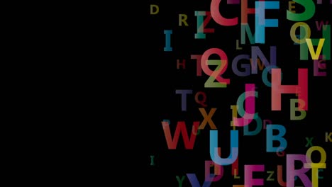 abstract colorful abc alphabet on black background, letters in transparency. 2d animation. loop footage 4k