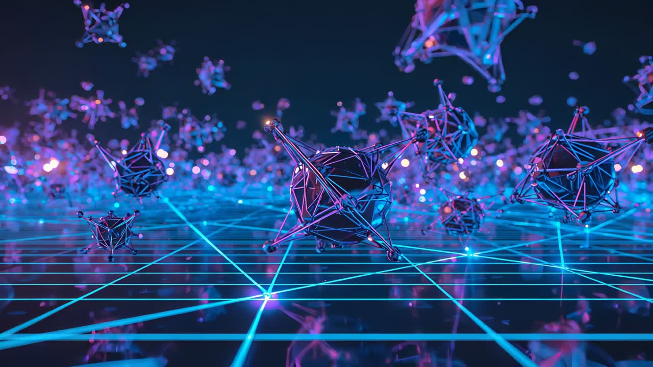 Sequence progressing dollying camera above neon grid showing rotating polyhedron with spheres