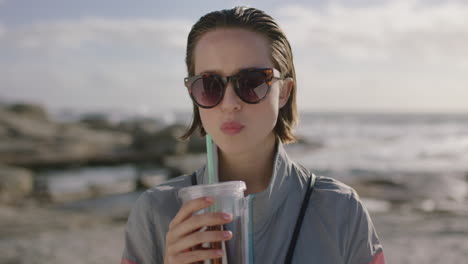 portrait of attractive confident woman drinking beverage by seaside wearing sunglasses