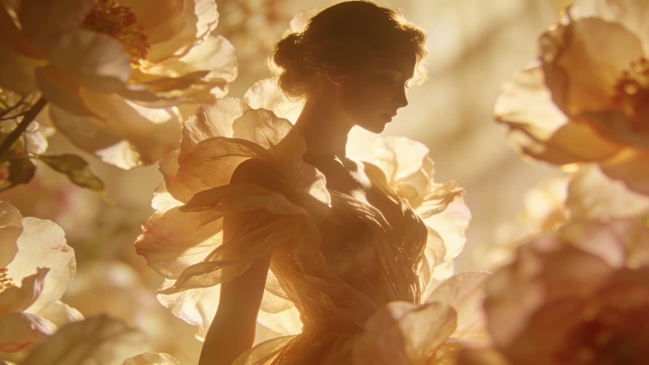 Modella che inclina la figura e aggiusta la spalla tra grandi petali, con la luce che si sposta rivelando lo scollo dell'abito.