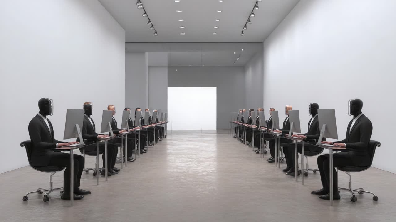 A Contemporary Workspace Full of Black Suit-Clad Figures Sitting at Desks with Computer Monitors in an Empty, Modern Room Reflecting Themes of Technology and Isolation