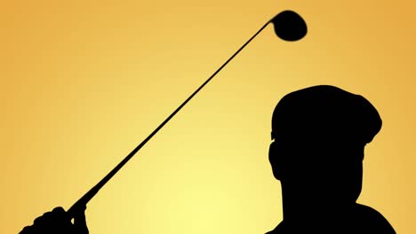 animation of silhouette of male golfer swinging club on yellow background