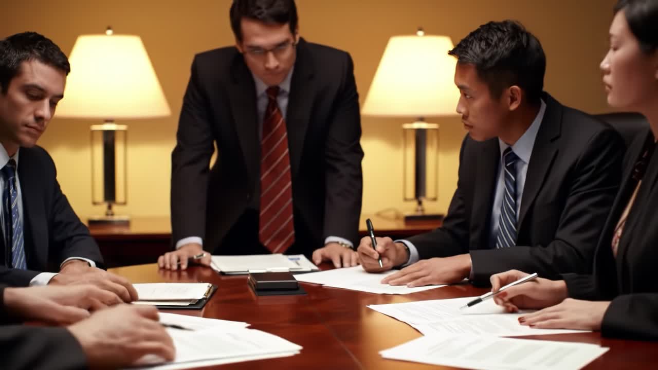 Focused Business Meeting: Professionals Engage in Strategic Discussion, Analyzing Documents and Collaborating at Conference Table in Formal Attire