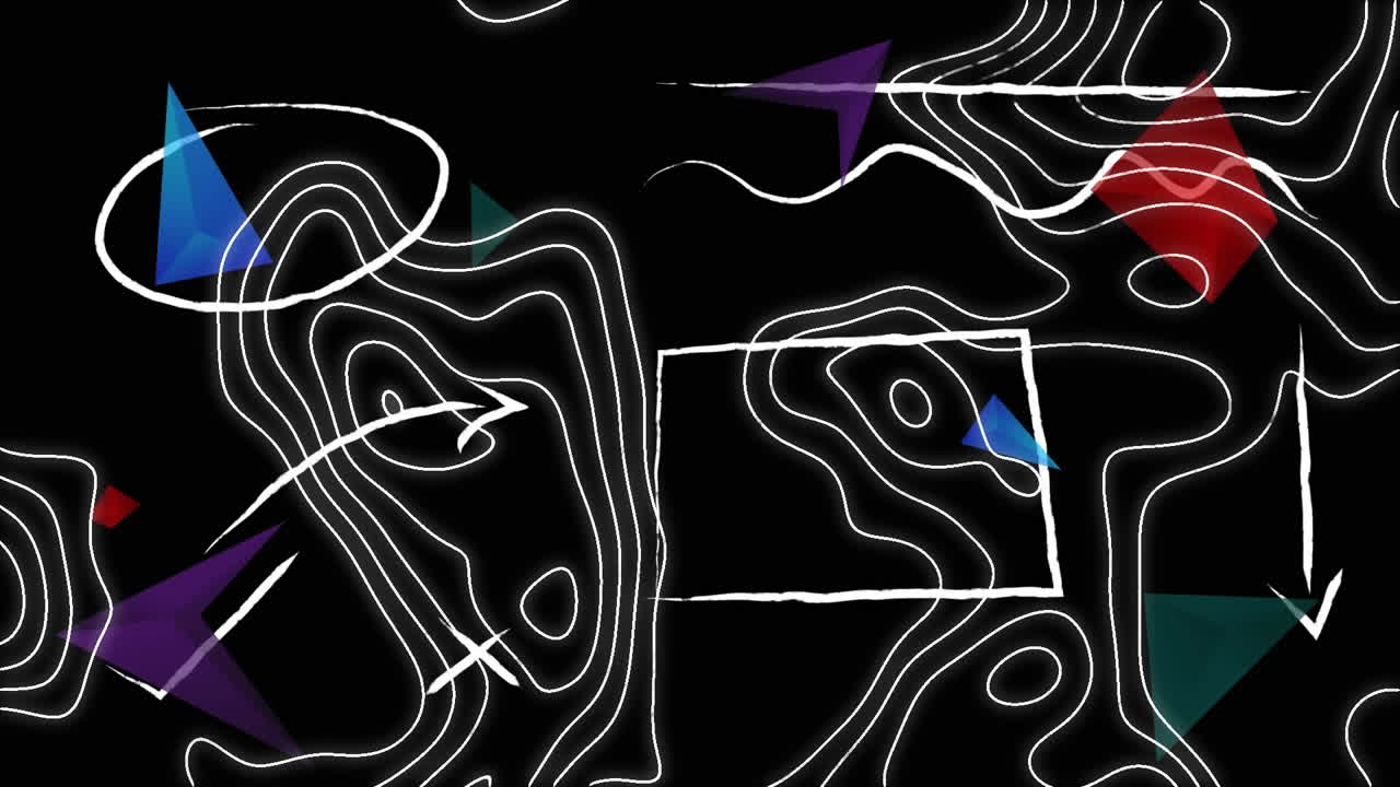 Digital animation of topography against colorful abstract shapes on black background