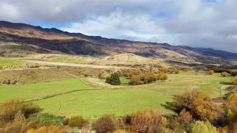 drone glides above rolling farmland with autumn trees, revealing expansive green fields, distant hills, and dramatic skies in wanaka, new zealand
