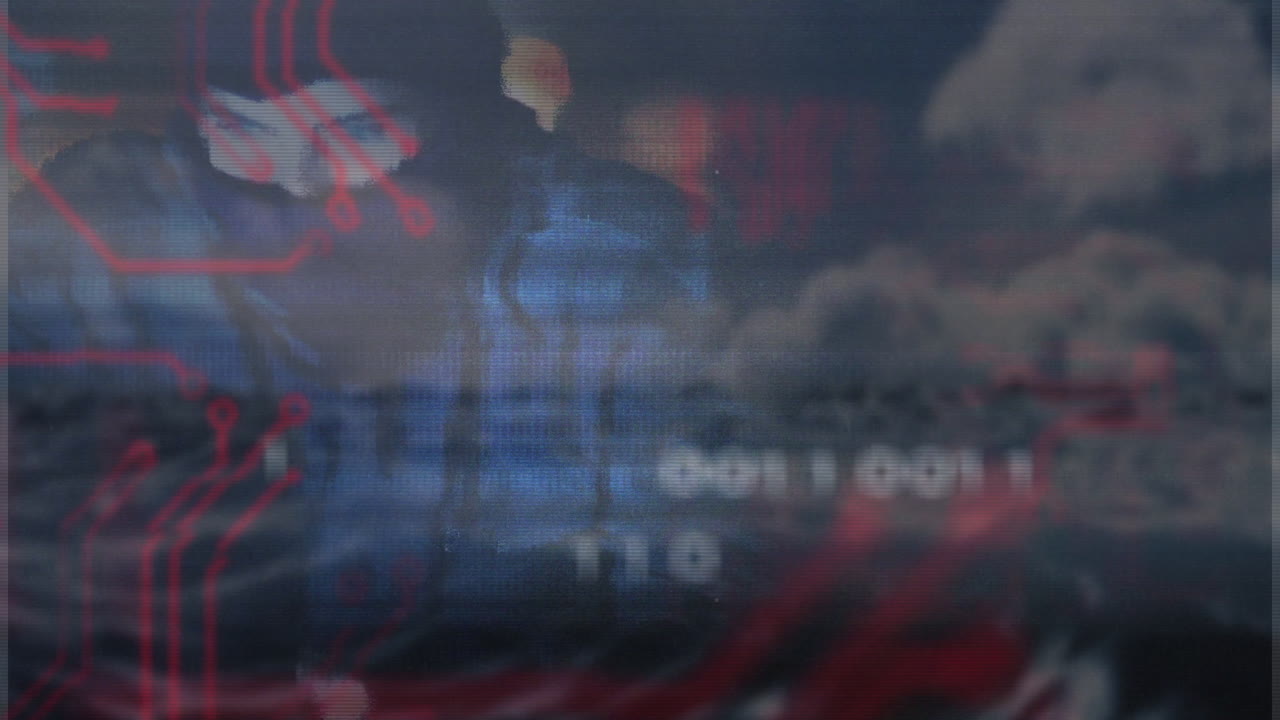 Animation of red circuit patterns overlaying blurred landscape with digital text