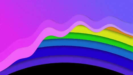 Animation-of-purple-waves,-over-rainbow-curves,-on-black-background