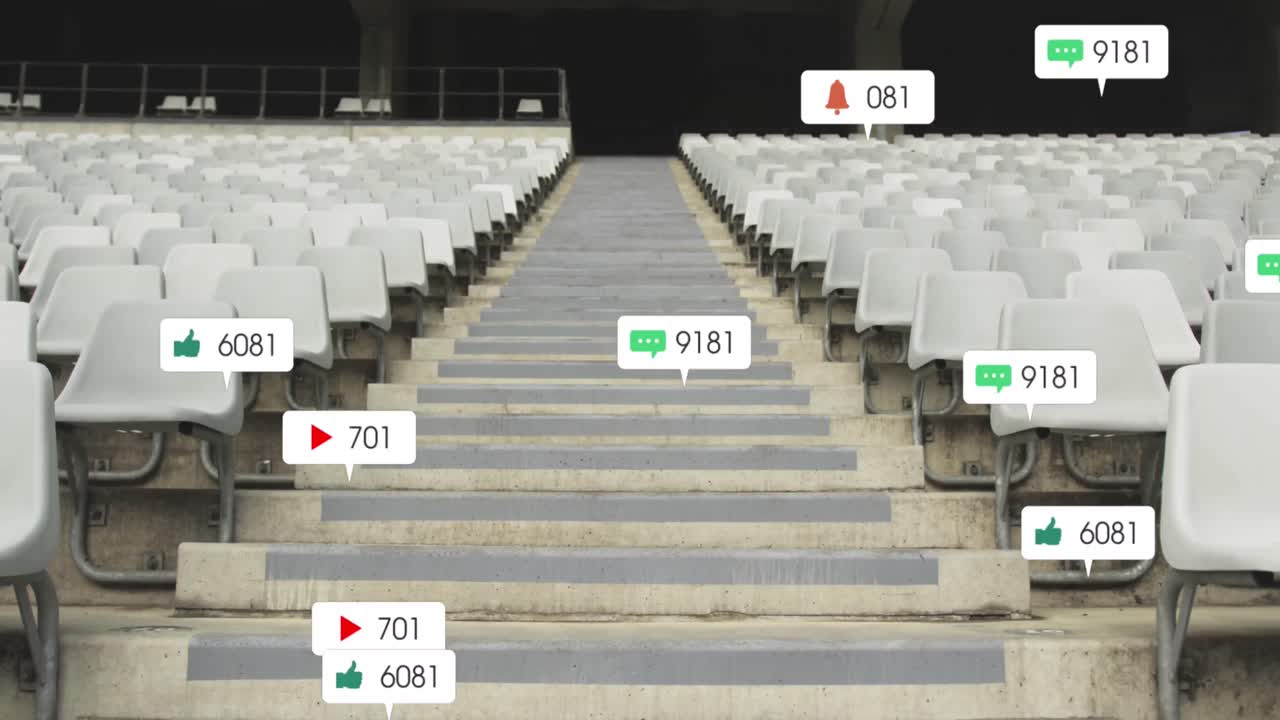 스포츠 스타디움의 스탠드에 떠다니는 소셜 미디어 아이콘의 애니메이션