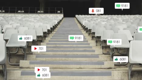 스포츠 스타디움의 스탠드에 떠다니는 소셜 미디어 아이콘의 애니메이션