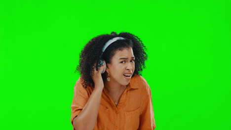 Music,-green-screen-and-woman-listening-to