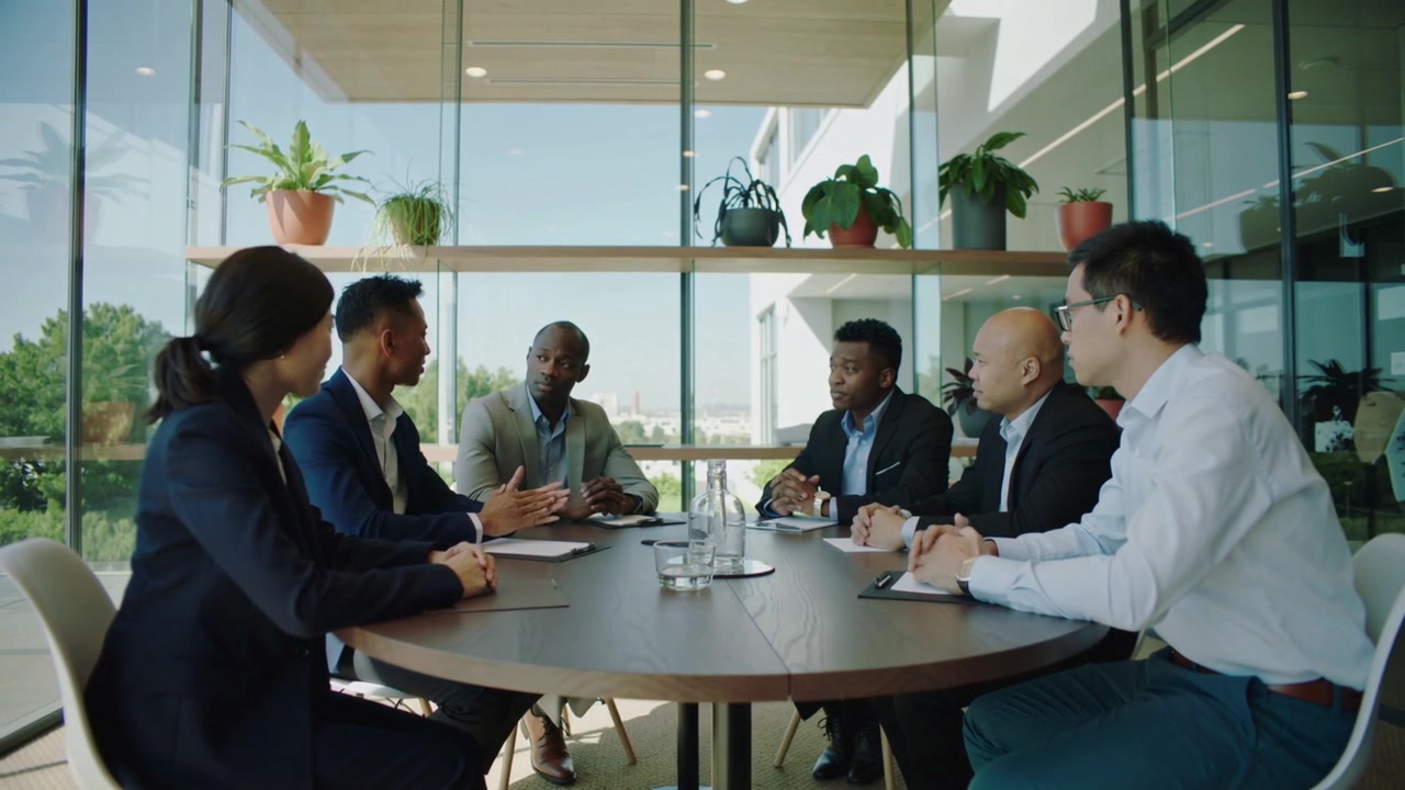 Un orateur lançant la discussion, six personnes en costume partageant des idées, prenant des notes sur des tablettes lors d'une réunion de planification autour d'une table ronde