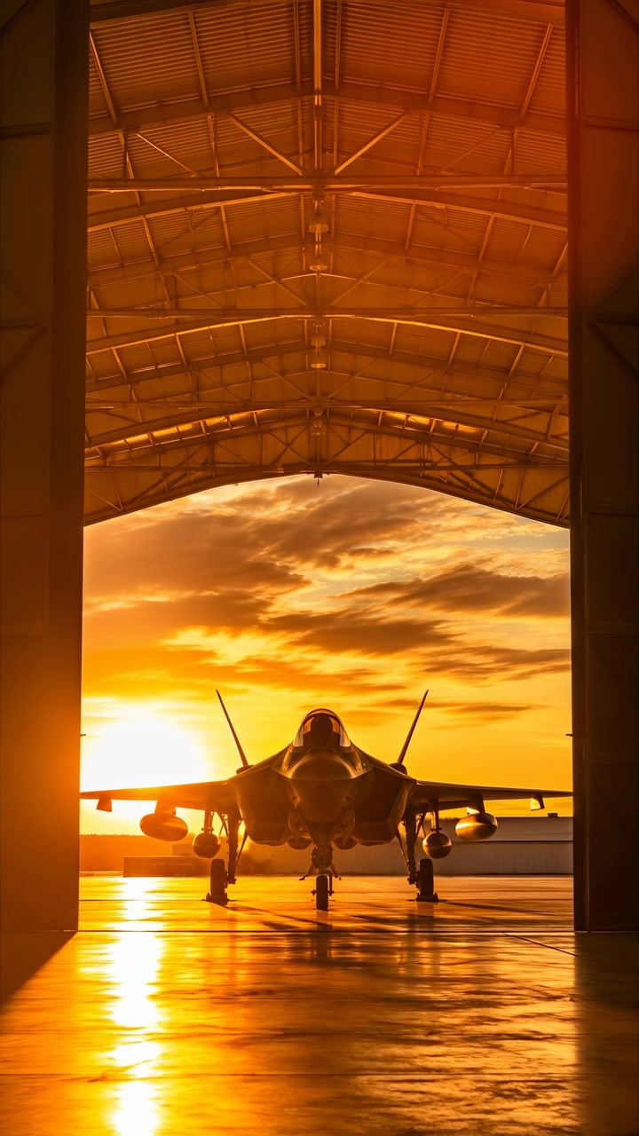 Una visuale in avvicinamento a un jet parcheggiato sotto un hangar metallico aperto, con un forte controluce del tramonto, caldi riflessi arancioni, capriate del tetto e un'inquadratura frontale simmetrica.