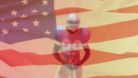 animation of african american american football player and flag of usa