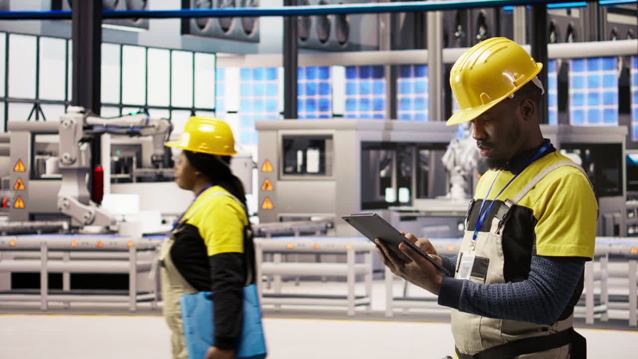 Vertical video Smart factory specialist testing automated systems, monitoring operations