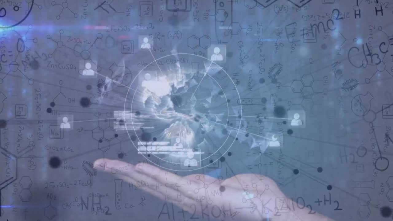 глобус сети профильных икон, вращающийся над рукой против химических структур на белом фоне