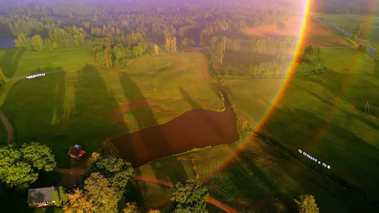 Bird's eye view over a green landscape with lakes, sun flares in the lens