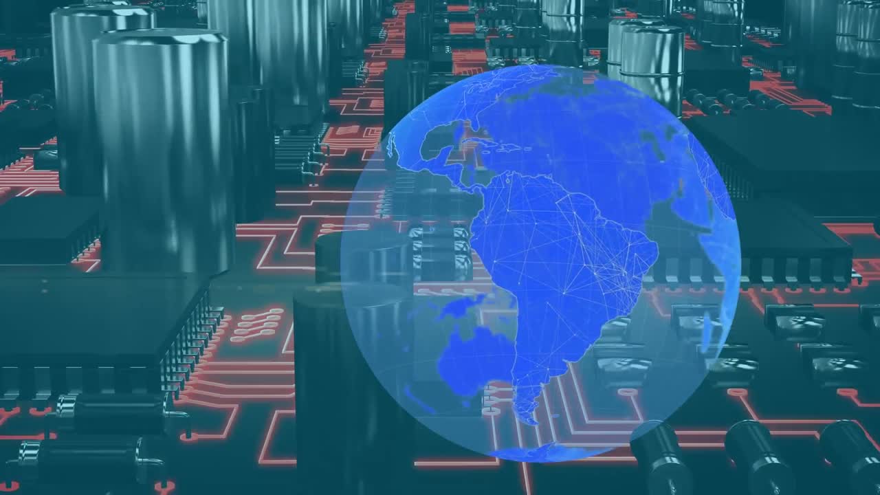 검은색 배경에 있는 컴퓨터 회로판 위의 지구의 애니메이션