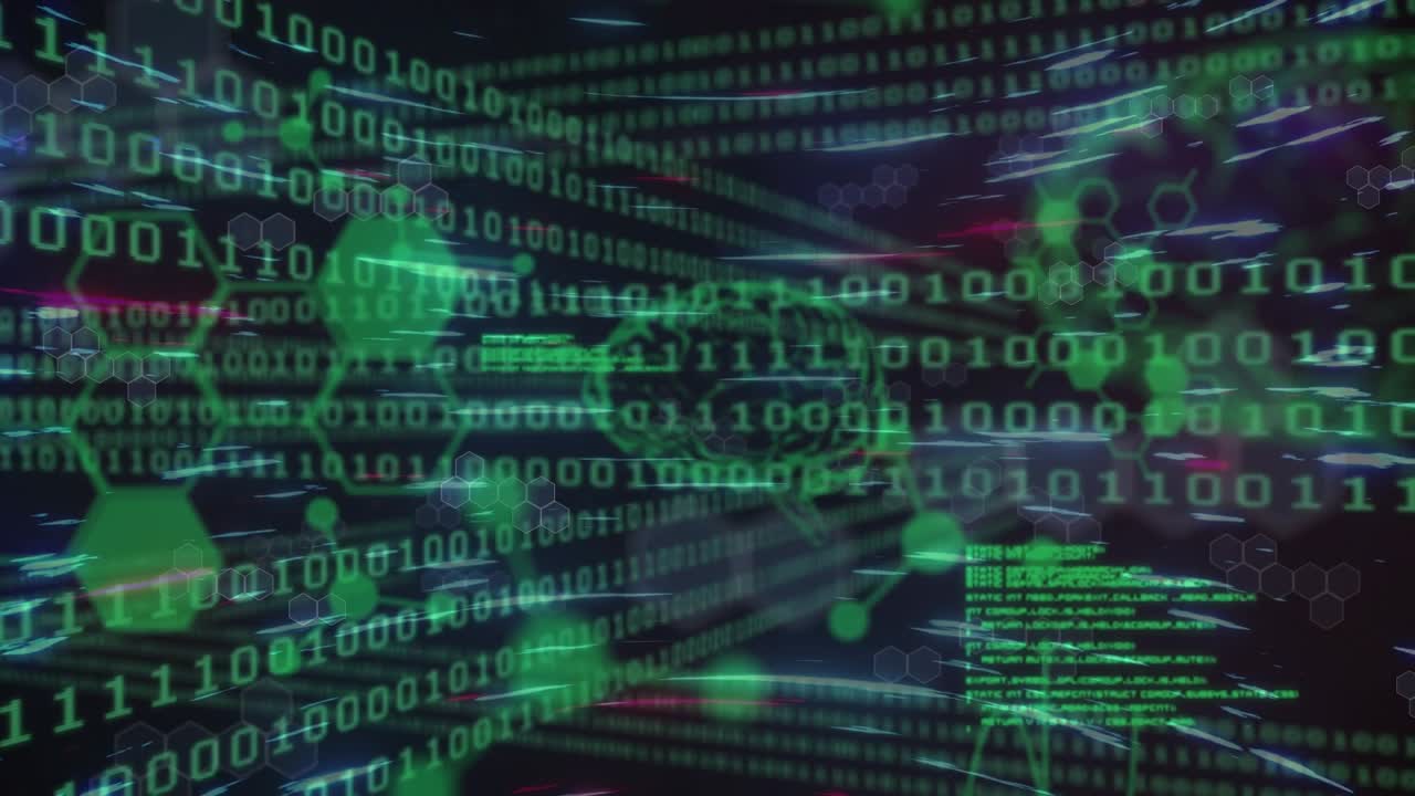 Animation of hexagons, binary code, brain and lights moving over black background