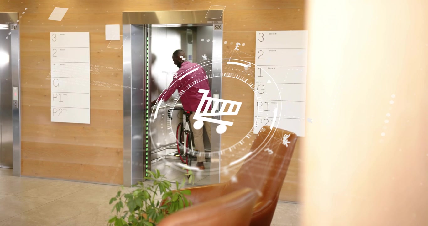 Pendolare che si avvicina alle porte dell'ascensore e carica la bicicletta per il trasporto, mostrando l'HUD del carrello digitale.
