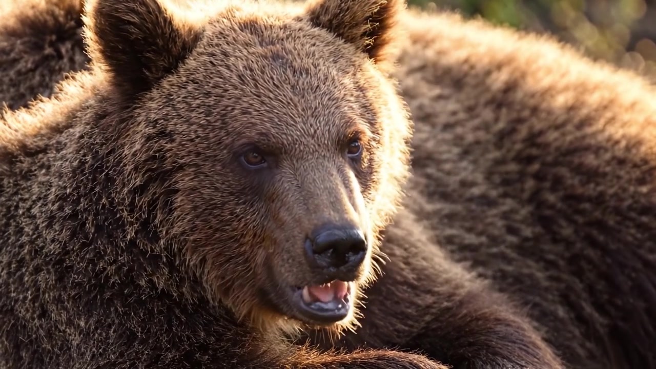 Una vista ravvicinata di un orso grizzly che si rilassa nel suo habitat naturale, mostrando la sua folta pelliccia e la sua maestosa presenza in natura