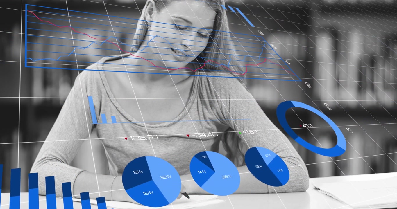 Animation of financial data processing over business people working in office