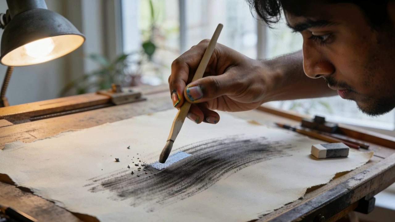 Blending charcoal while responding to marks, artist on right using wide brush at studio, copy space