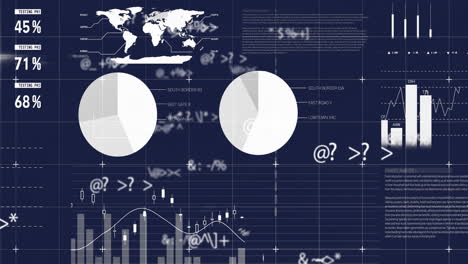 financial data analysis and global statistics animation over dark blue background