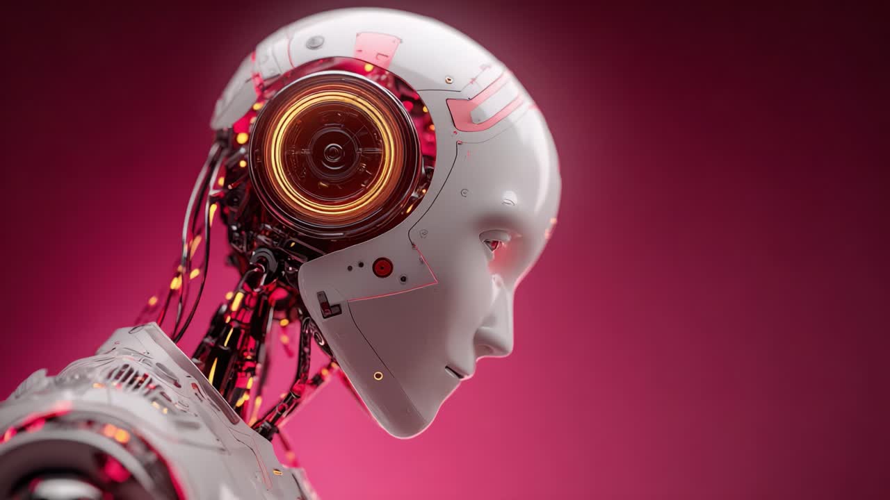 Intricate Close-Up of a Futuristic Robot Head With Glowing Elements, Showcasing Advanced Technology and a Sleek Design Against a Vivid Pink Background
