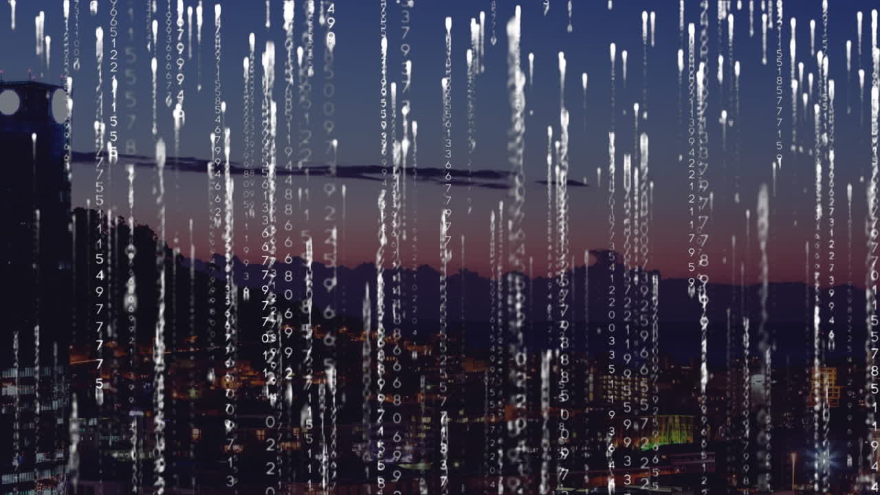 Animation of binary coding over cityscape