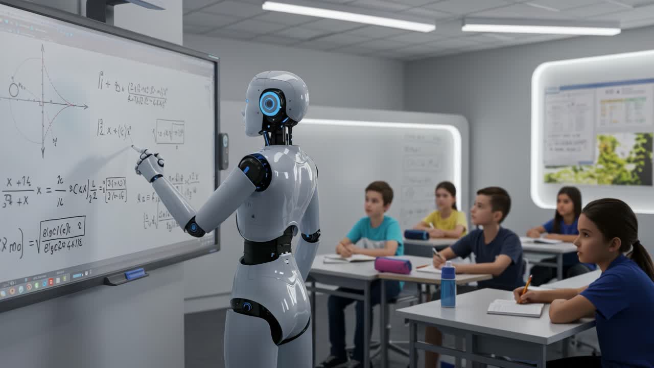 An advanced robotic tutor introduces mathematical concepts to an engaged classroom of students, fostering a futuristic learning environment with cutting-edge technology