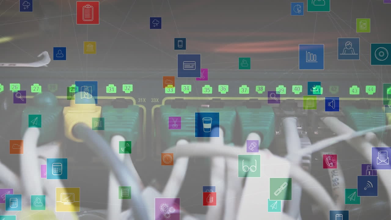 Animation of digital icons over computer server with cables in background