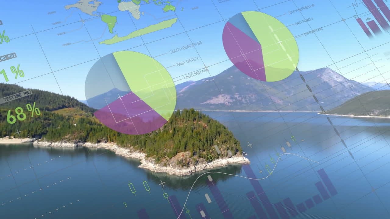 금융 데이터 차트 및 그래프 산악 호수 풍경에 대한 애니메이션