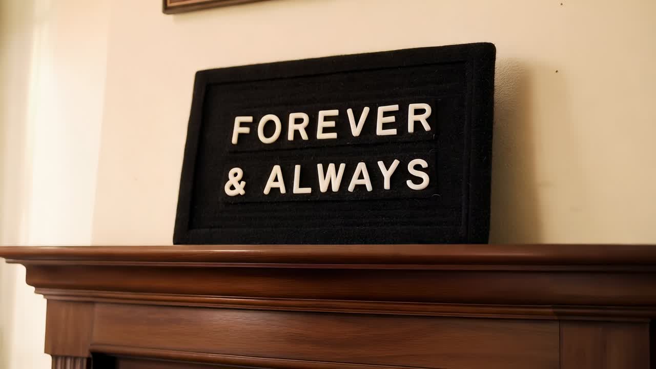 Zooming camera centering black felt letter board on wooden mantel, highlighting FOREVER and ALWAYS