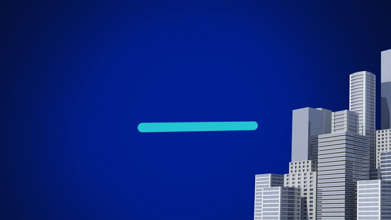 Animazione di icone digitali e città su interfaccia
